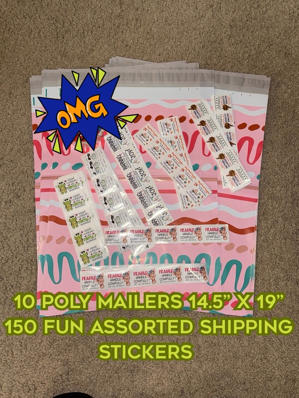 10 poly mailers  14.5” x 19” pink Polymailers 150 stickers